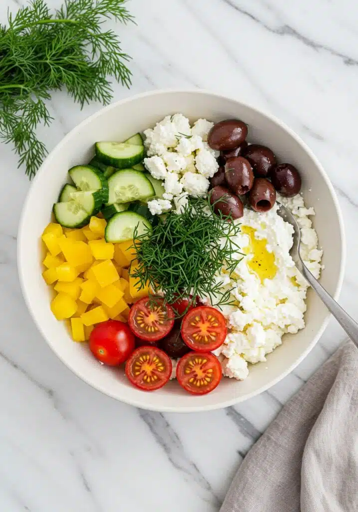 A beautifully styled Greek cottage cheese bowl on a white marble countertop