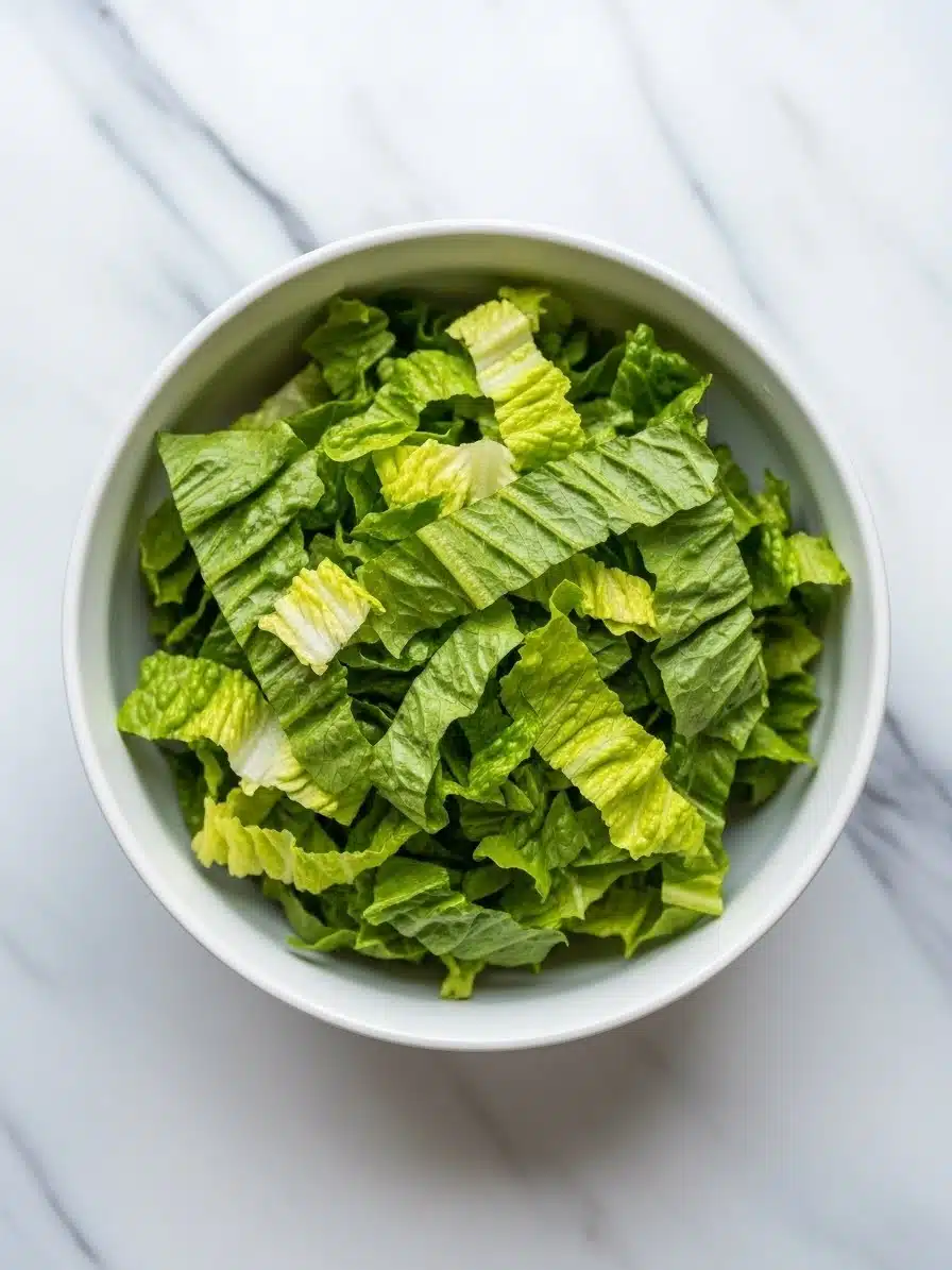 A bowl on a marble countertop filled only with chopped romaine lettuce