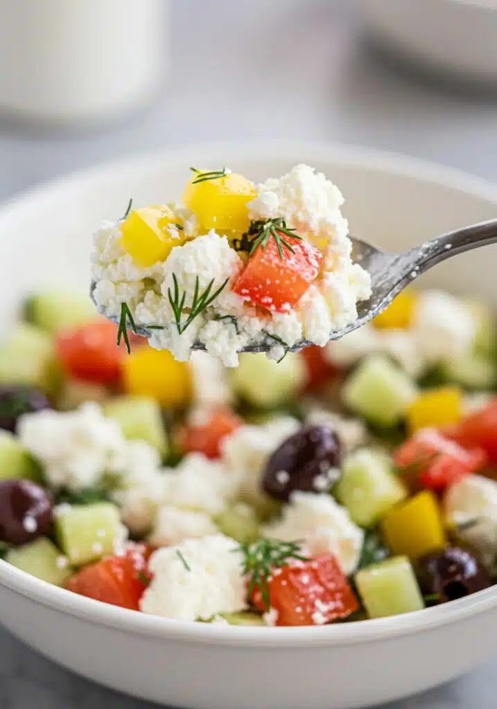 A close-up of a spoon lifting a scoop of the Greek cottage cheese bowl (2)