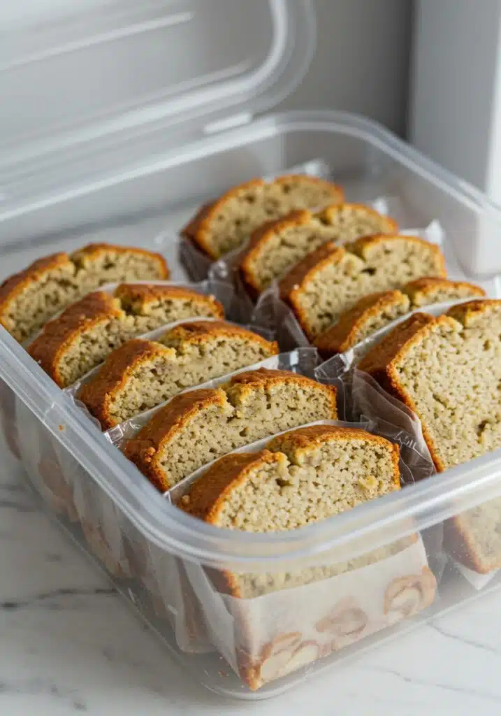 A few slices of cottage cheese banana bread stacked on a white plate