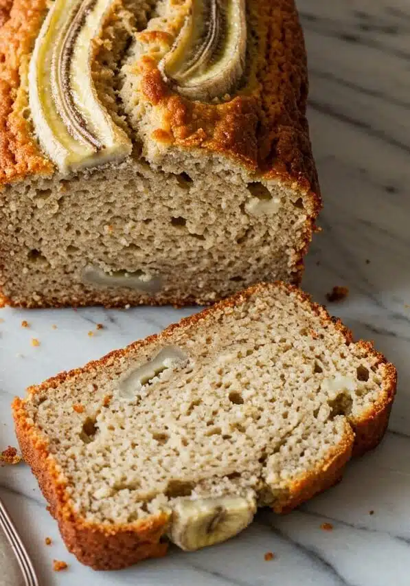 A fresh loaf of cottage cheese banana bread made with oat flour