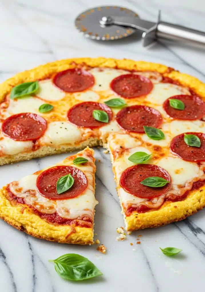 A freshly baked keto cottage cheese egg pizza crust topped with mozzarella