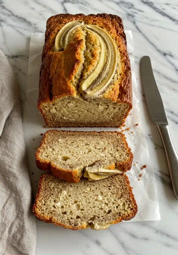 A freshly baked loaf of cottage cheese banana bread on a marble countertop