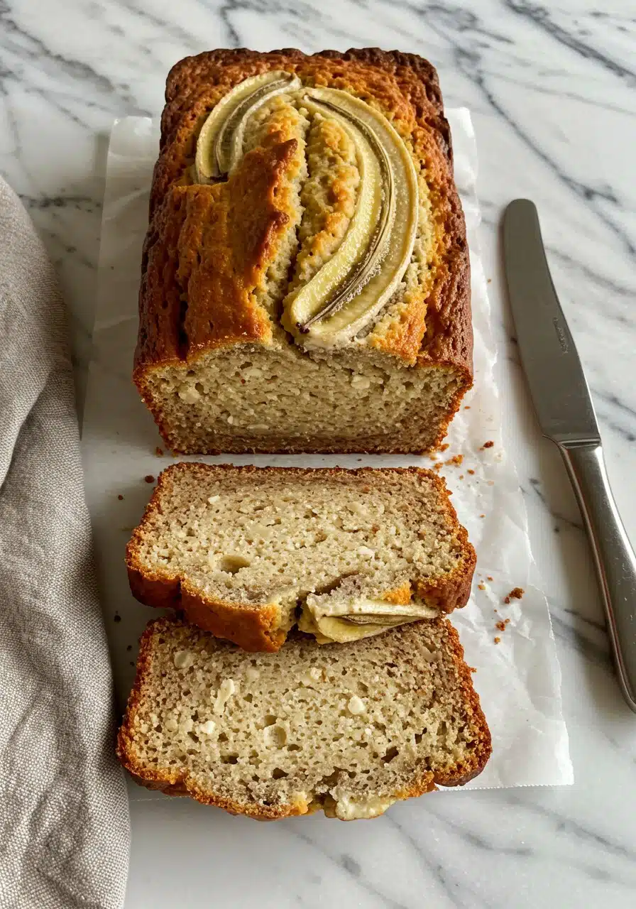 A freshly baked loaf of cottage cheese banana bread on a marble countertop