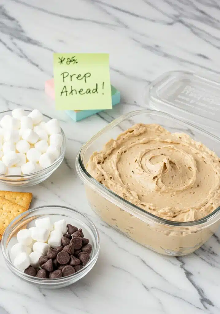 A glass container of high-protein s’mores dip with a lid