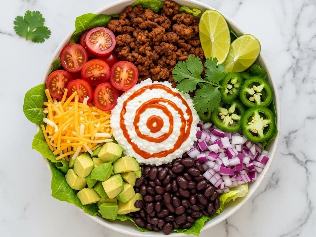 A high-protein cottage cheese taco bowl on a marble