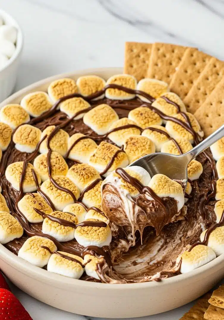 A high-protein s’mores dip in a round ceramic bowl