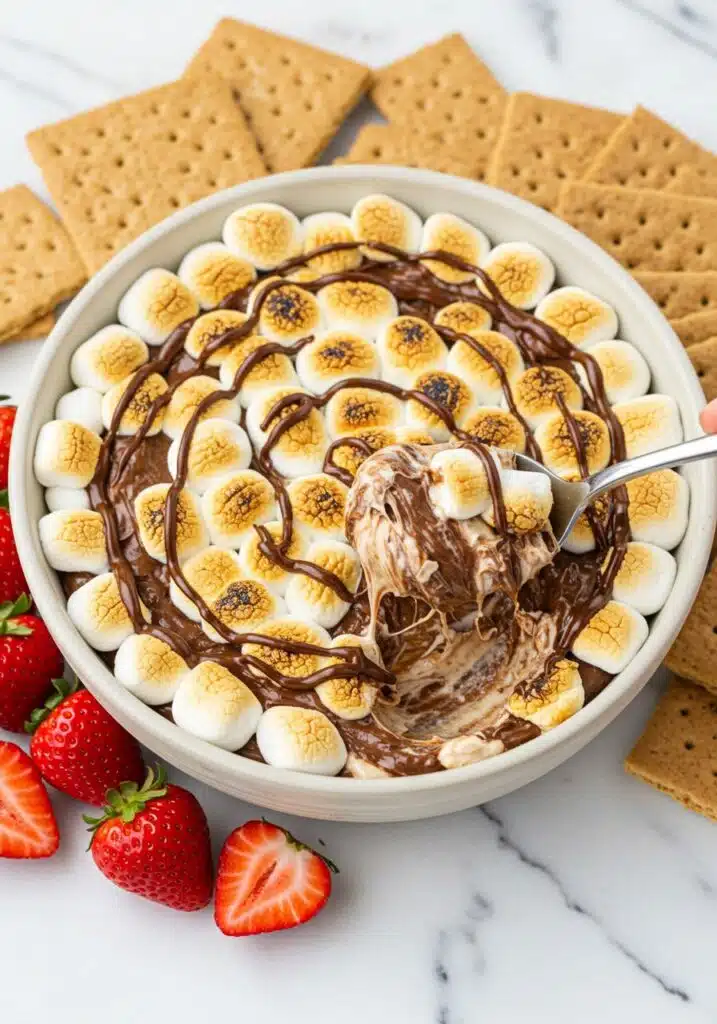A high-protein s’mores dip in a round ceramic bowl