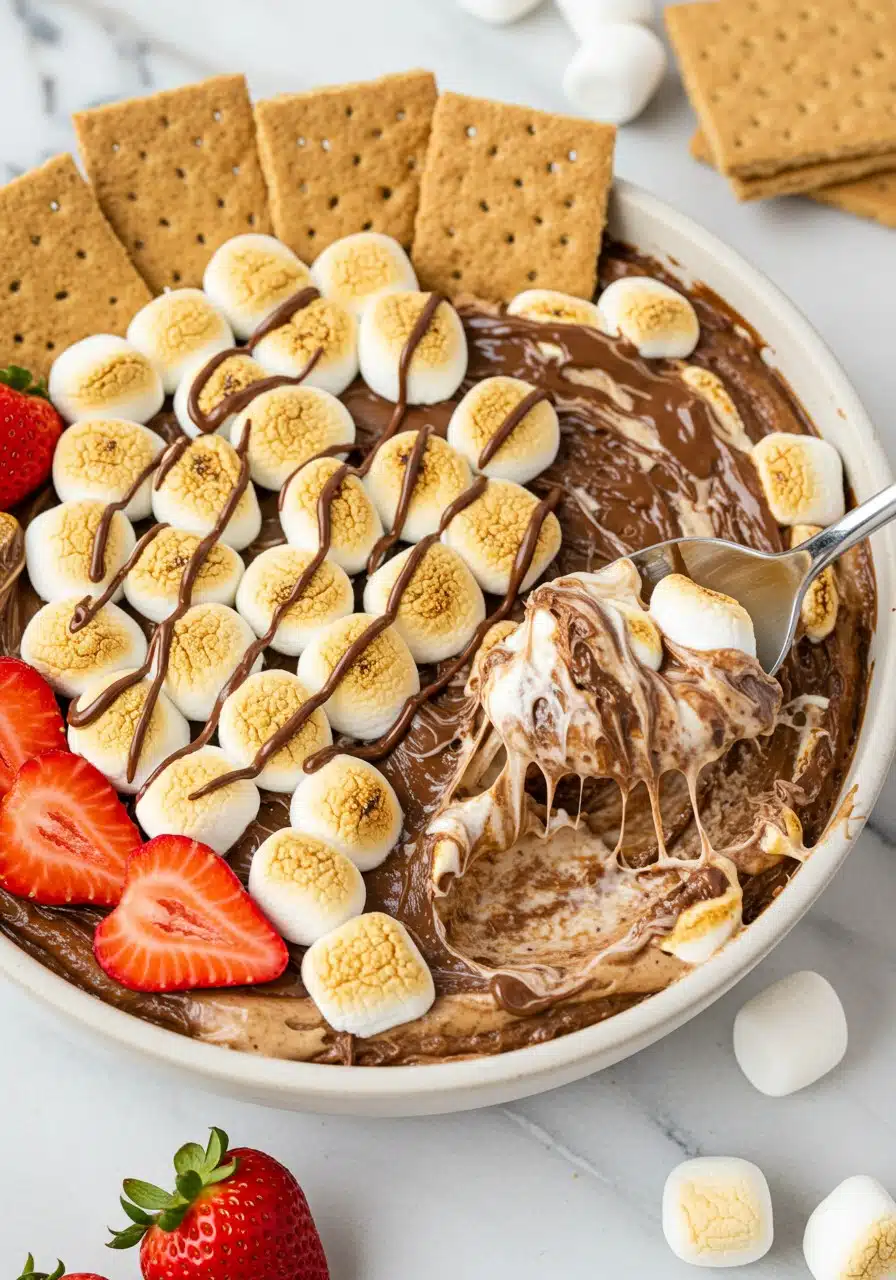 A high-protein s’mores dip in a round ceramic bowl