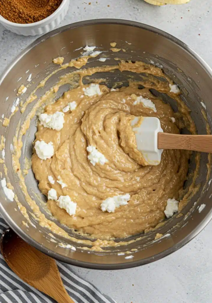 A mixing bowl filled with a banana bread batter being stirred with a spatula. Cottage cheese is still slightly visible