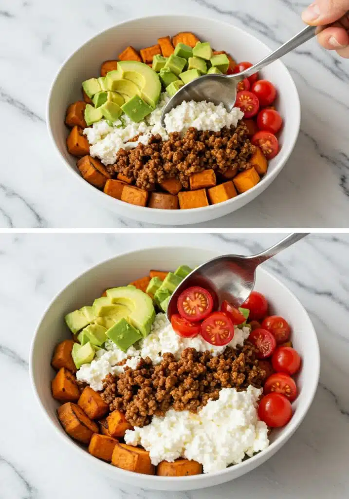 A process-style image showing a partially assembled Sweet Potato Taco Meat Cottage Cheese Bowl