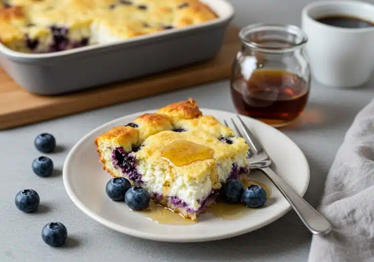 A slice of blueberry cottage cheese breakfast bake served on a small white plate
