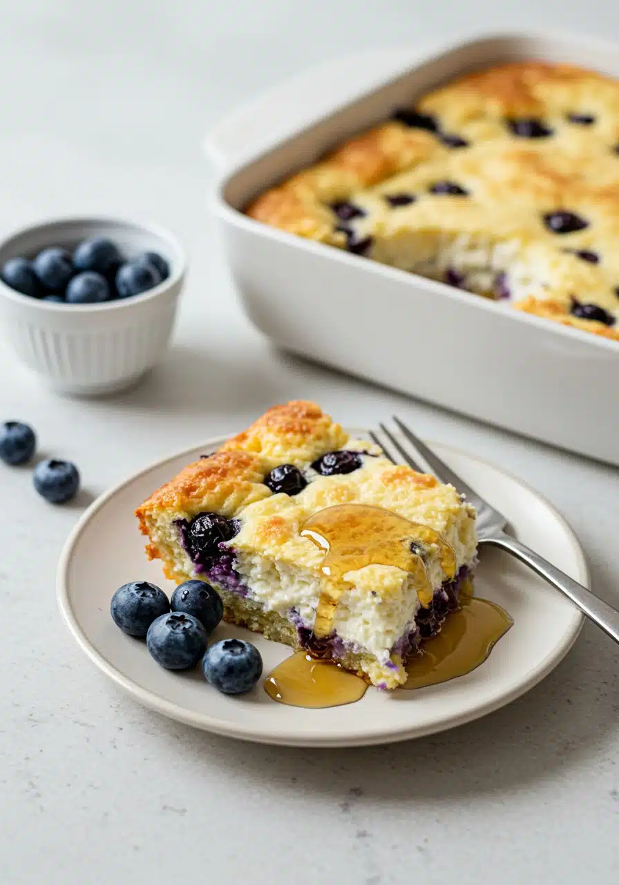A slice of blueberry cottage cheese breakfast bake