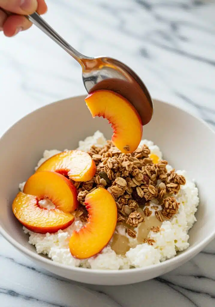 A spoon adding sliced peaches and granola over a bowl of cottage cheese