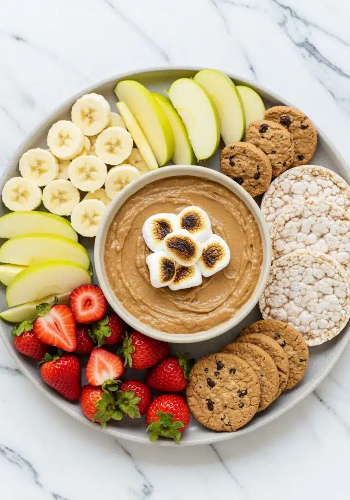 A tray of healthy dippers around a high-protein s’mores dip