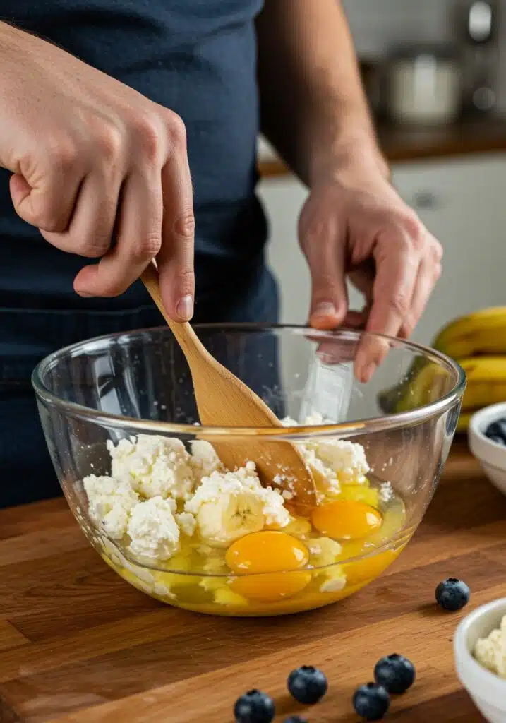 Action shot of a hand mixing banana, eggs, and cottage cheese