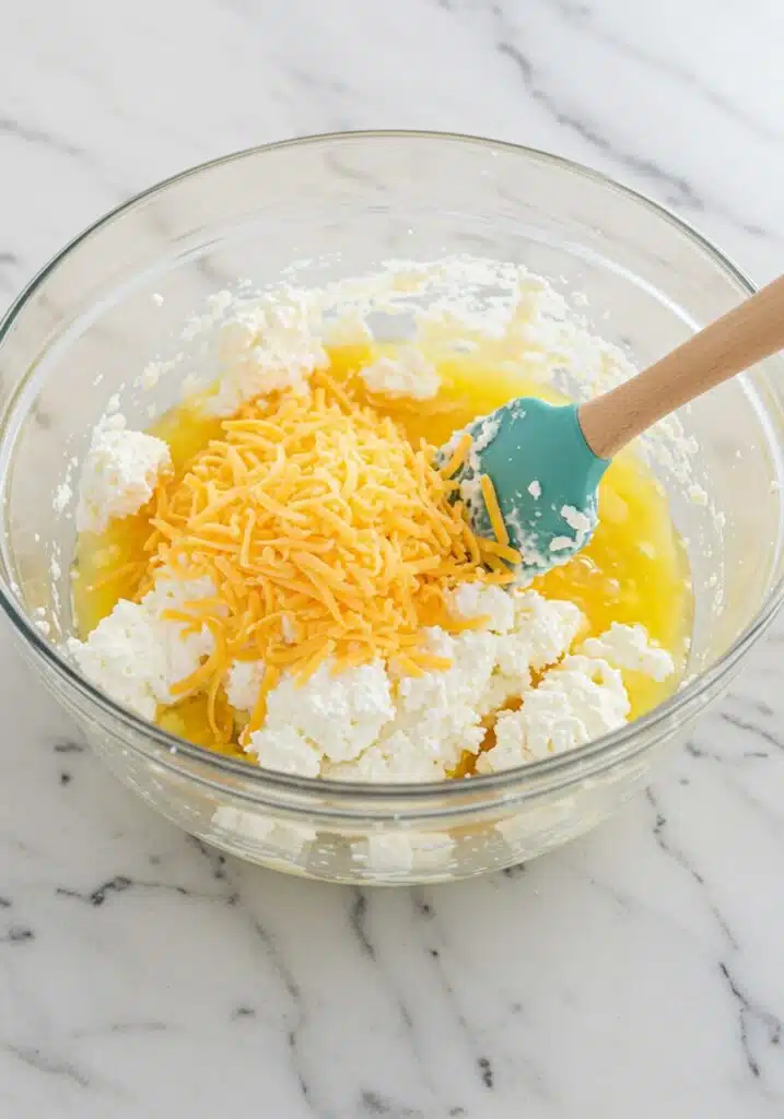 Blended mixture of cottage cheese and eggs in a glass mixing bowl