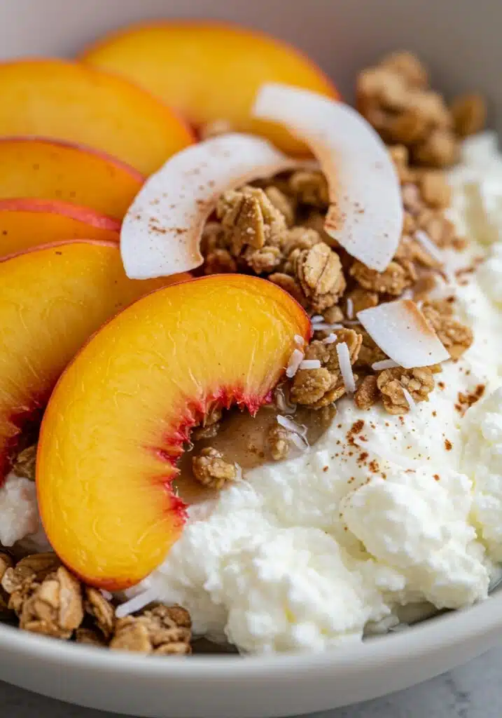 Close-up macro shot of a Sweet Cottage Cheese Bowl showing creamy cottage cheese