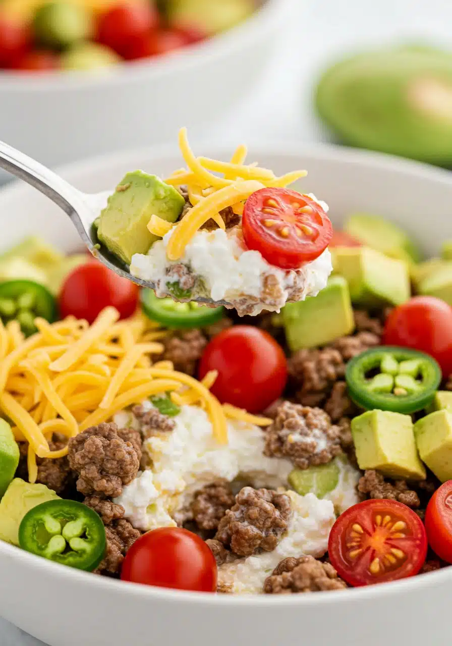 Close-up of a spoon lifting a loaded bite from a Cottage Cheese Taco Bowl