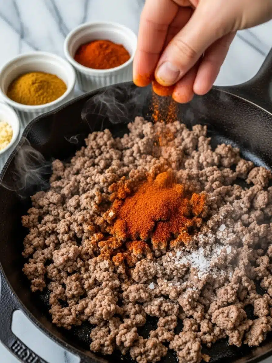 Cooked ground beef in a skillet being seasoned with chili powder, cumin, garlic powder, smoked paprika, and salt