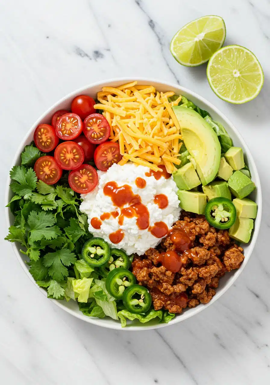Cottage Cheese Taco Bowl on a white marble countertop (2)
