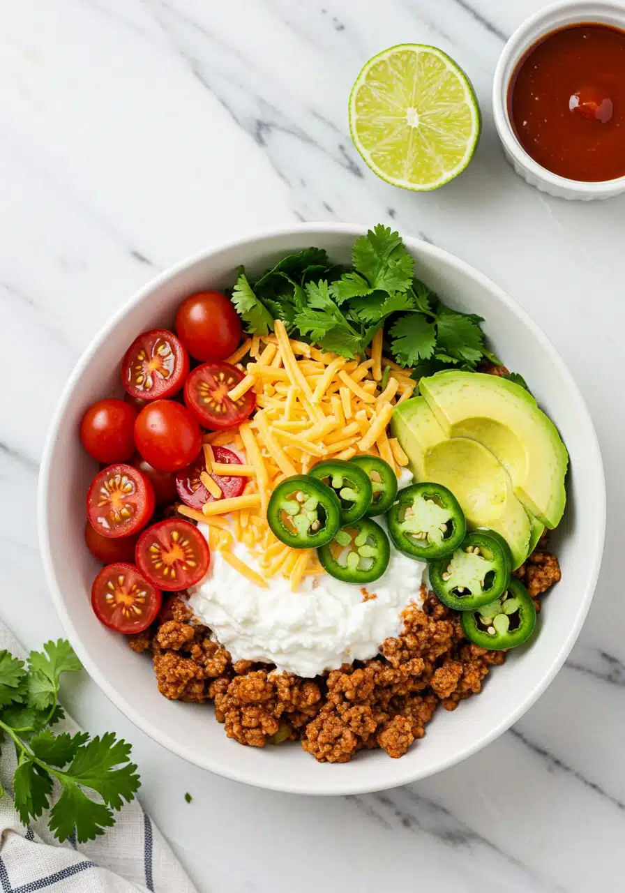 Cottage Cheese Taco Bowl on a white marble countertop