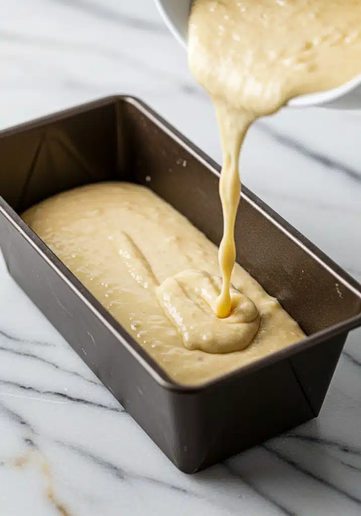 Cottage cheese banana bread batter poured into a loaf pan