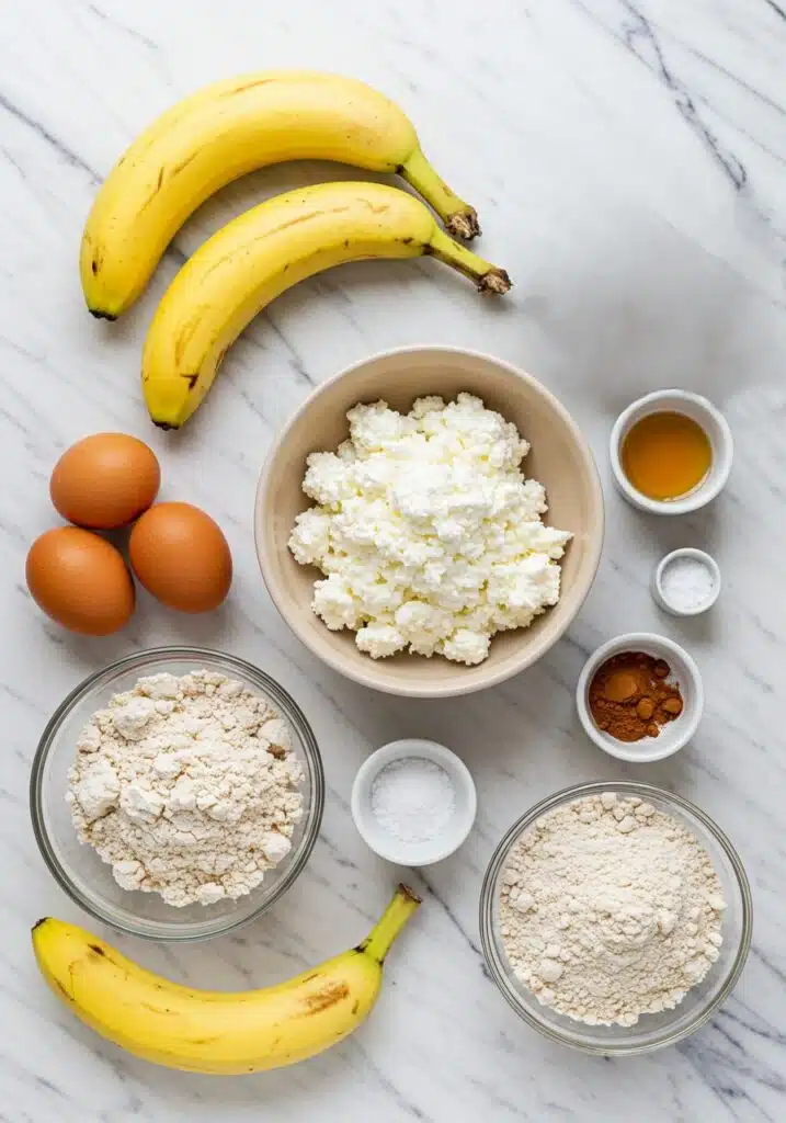 Flat lay of all ingredients for cottage cheese banana bread arranged neatly