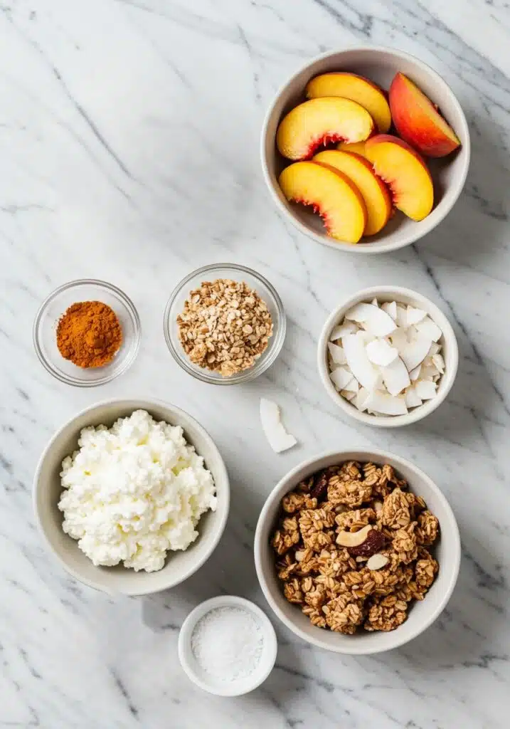 Flat lay photo of ingredients for a sweet cottage cheese bowl