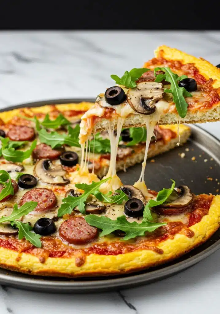 Fully topped keto pizza with a mix of veggies and meats
