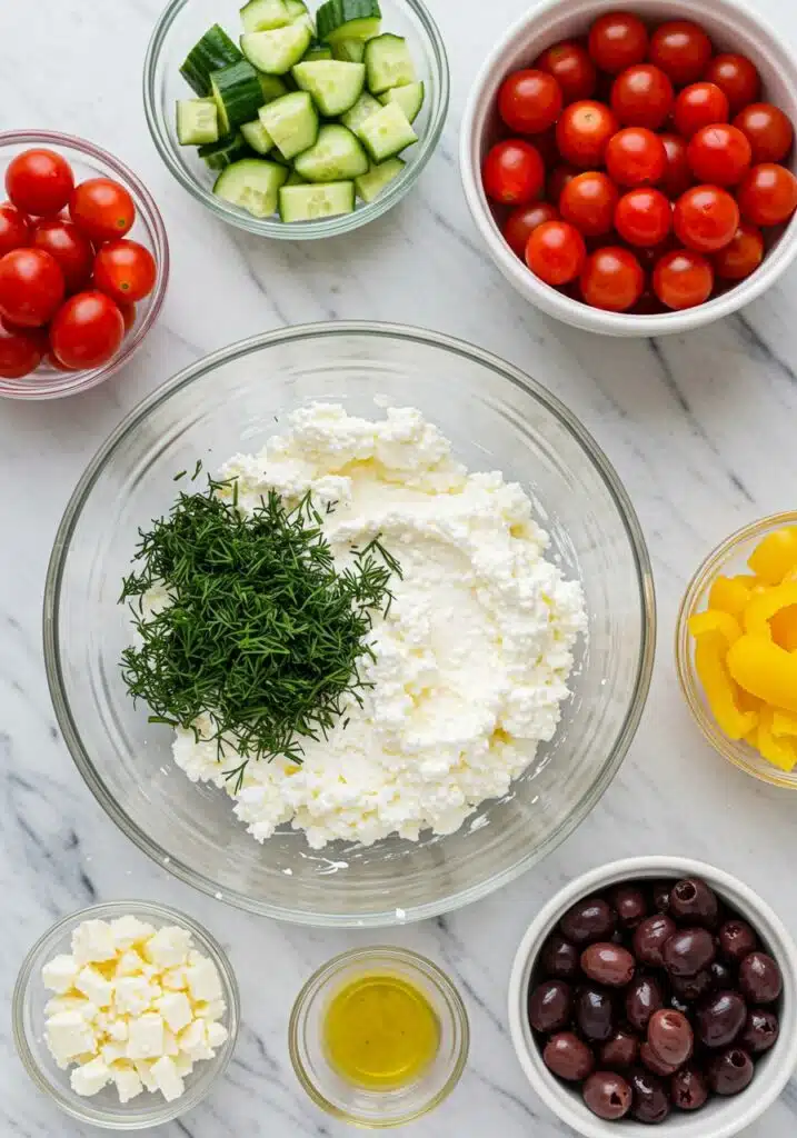 Greek cottage cheese bowl arranged with vibrant Mediterranean toppings
