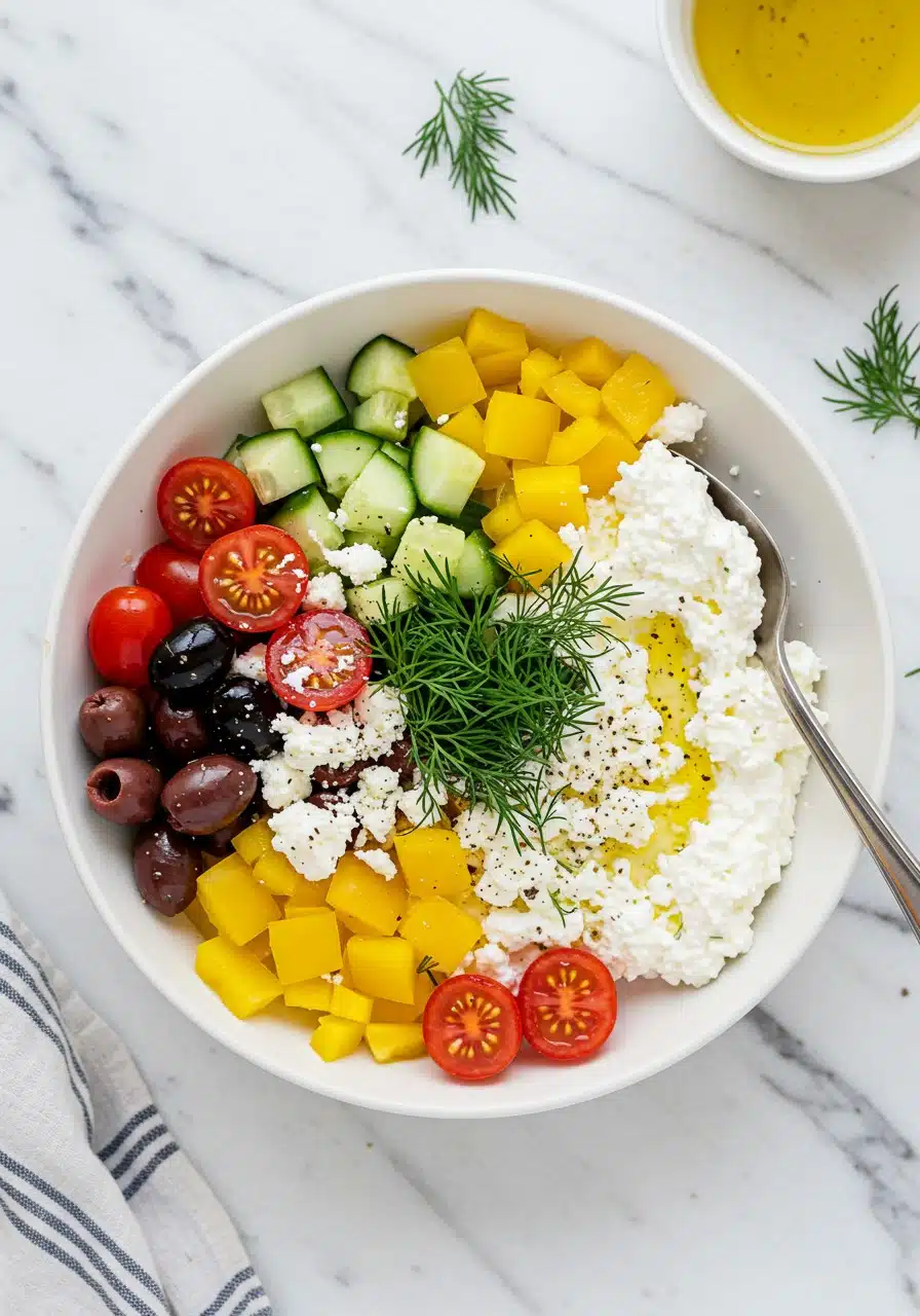 Greek cottage cheese bowl on a white marble countertop