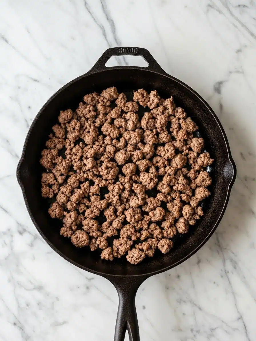 Ground beef browning in a nonstick skillet on a marble countertop