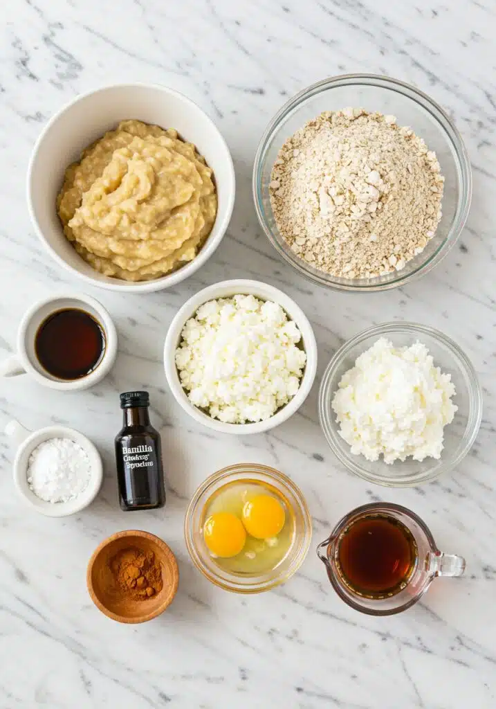 Overhead shot of measured ingredients in small bowls mashed bananas, oat flour, cottage cheese, eggs