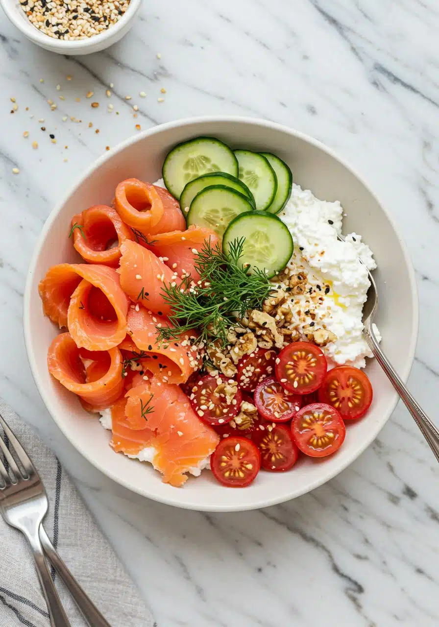 Overhead view of a smoked salmon cottage cheese bowl