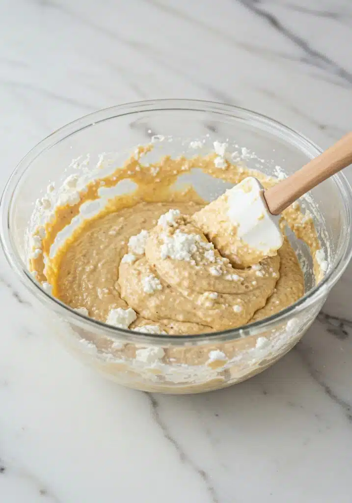 Overhead view of mixing cottage cheese banana bread batter in a bowl