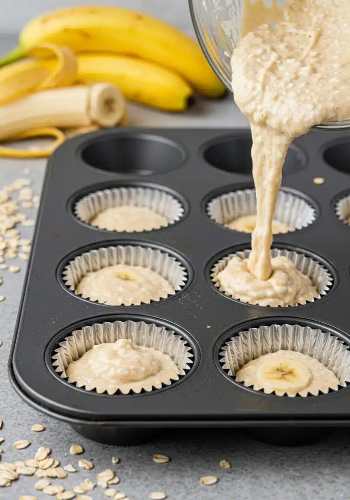 Side-angle shot of thick banana muffin batter being poured into a greased 12-cup muffin pan