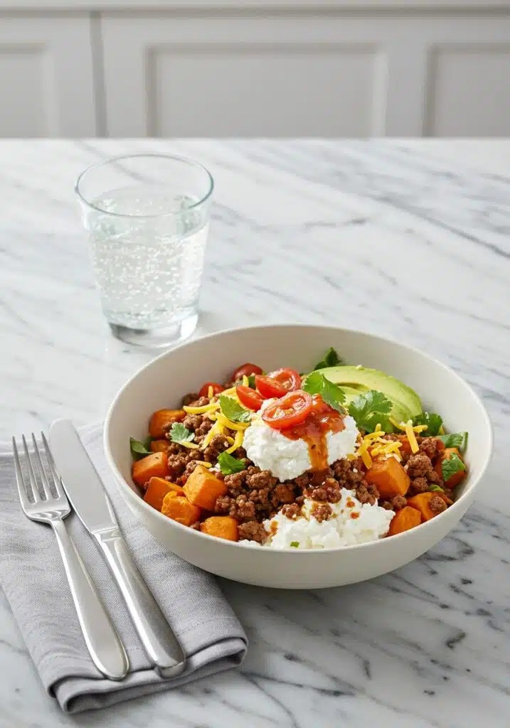 Sweet Potato Taco Meat Cottage Cheese Bowl served with a glass of sparkling water