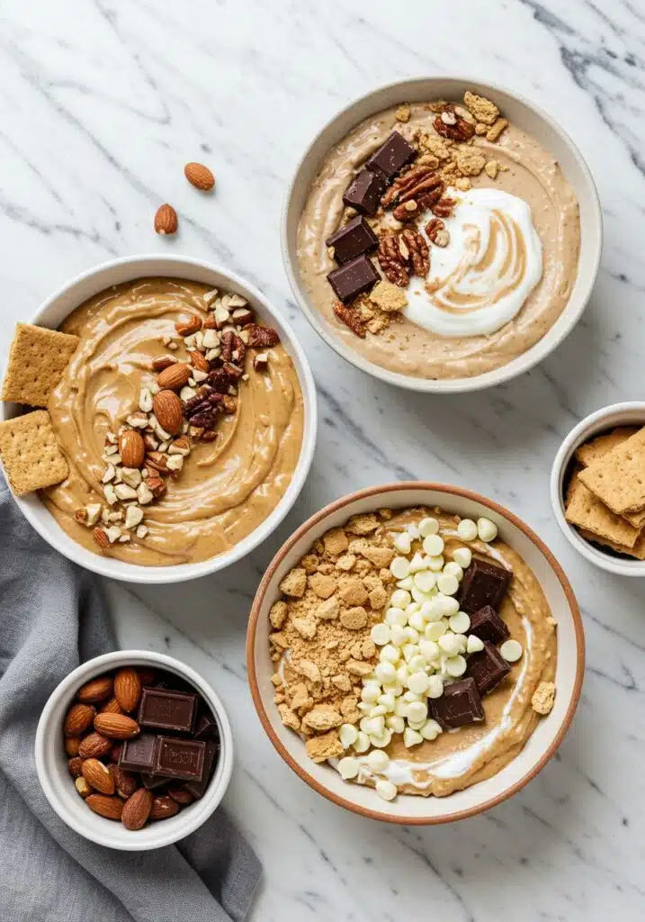 Three bowls of high-protein s’mores dip on a marble counter, each customized differently