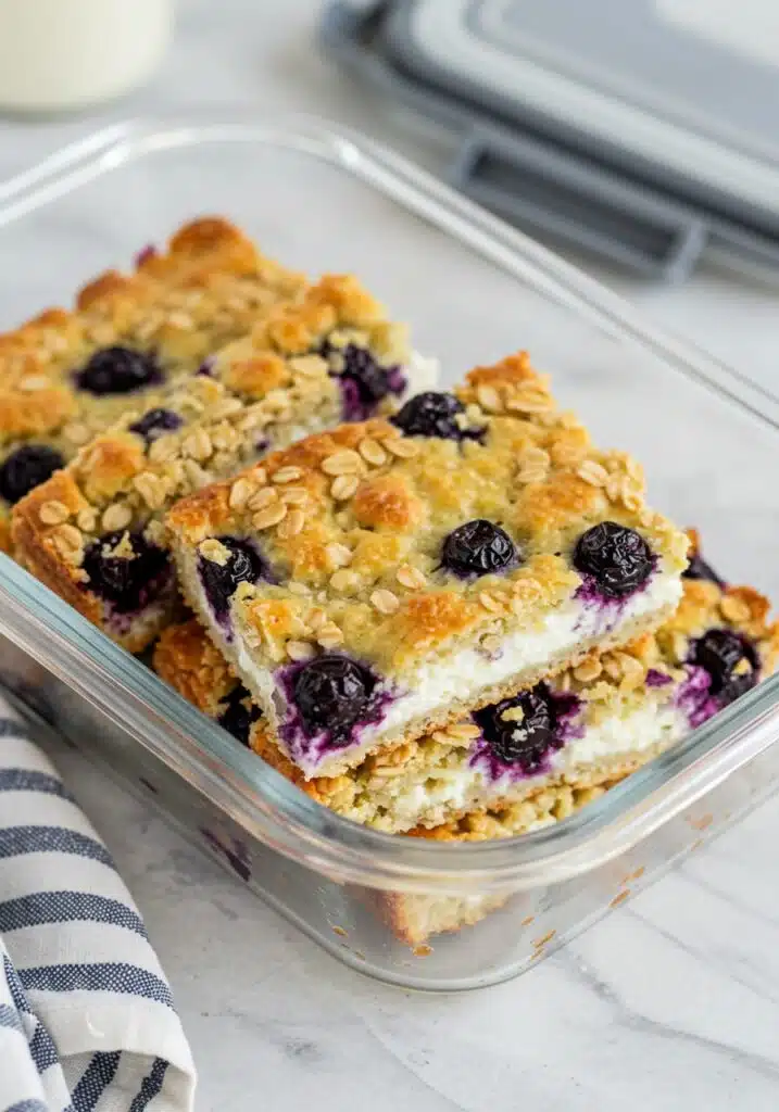 Three slices of blueberry cottage cheese breakfast bake stored in a glass meal prep