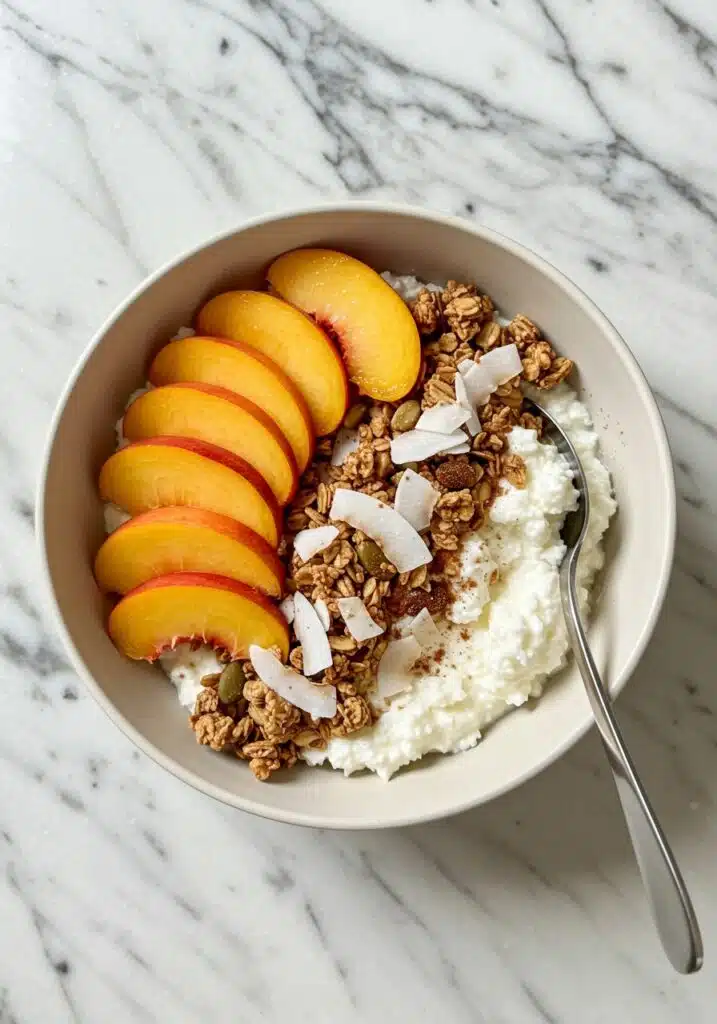 Top-down view of a Sweet Cottage Cheese Bowl on a marble countertop