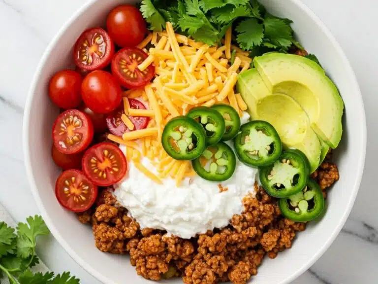 Viral Cottage Cheese Taco Bowl on a white marble countertop fi