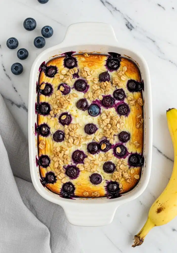 a freshly baked blueberry cottage cheese breakfast bake