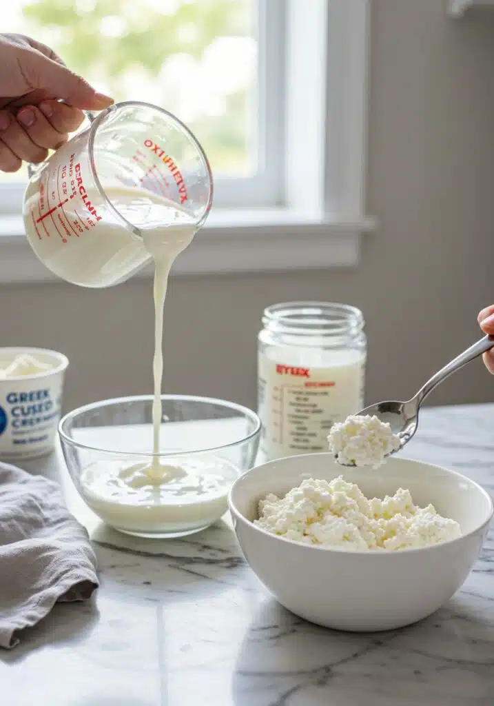 a measuring cup pouring Greek yogurt into a bowl and a spoon scooping cottage cheese into a bowl cottage cheese vs Greek yogurt
