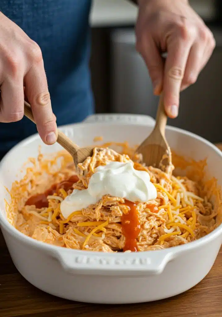 hands mixing the buffalo chicken dip ingredients