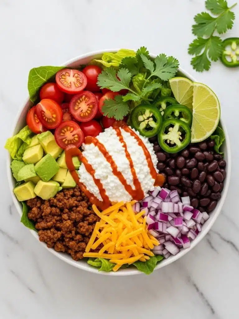 high-protein cottage cheese taco bowl on a marble countertop