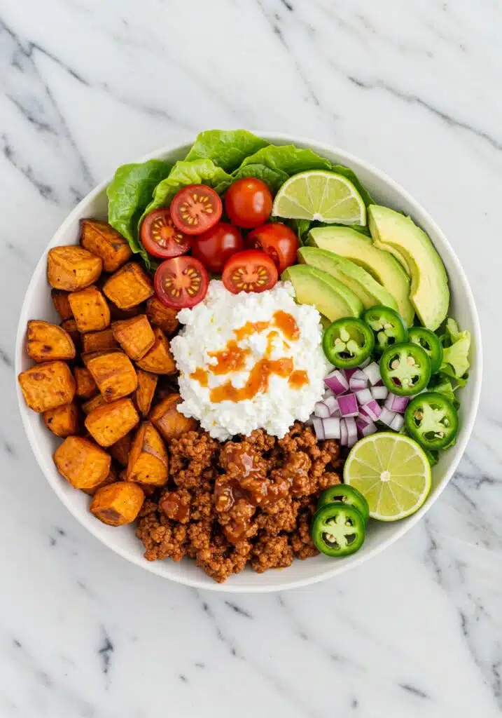 image of a Sweet Potato Taco Meat Cottage Cheese Bowl on a marble countertop.