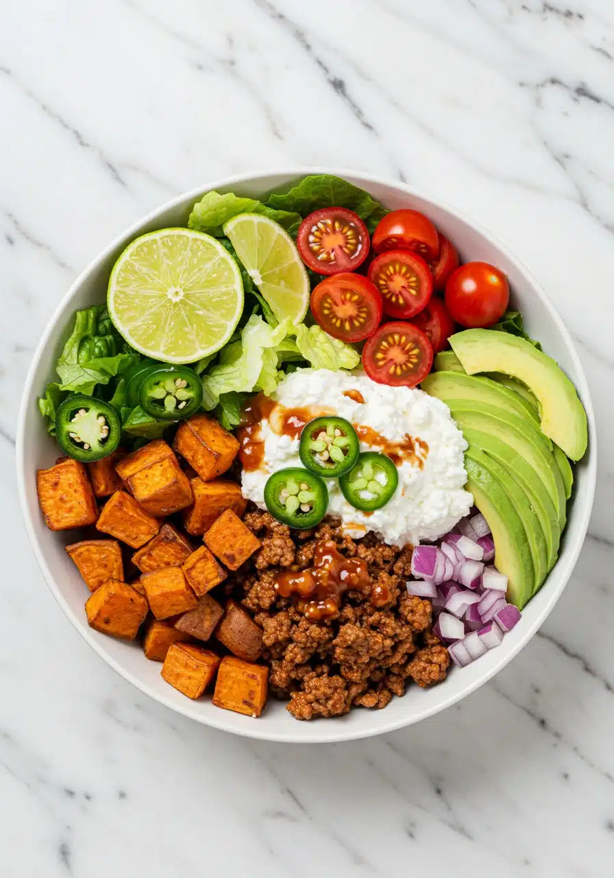 image of a Sweet Potato Taco Meat Cottage Cheese Bowl on a marble countertop. (5)