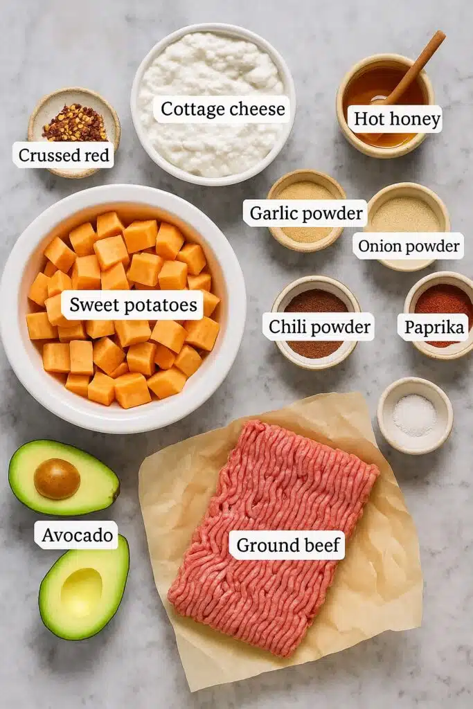 ingredients for a Sweet Potato Taco Meat Cottage Cheese Bowl