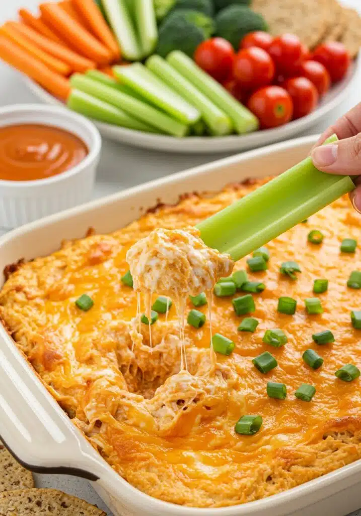 spicy high protein buffalo chicken dip from the baking dish onto a celery stick